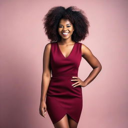 A beautiful black woman wearing a dark red short dress