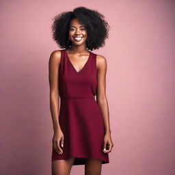 A beautiful black woman wearing a dark red short dress