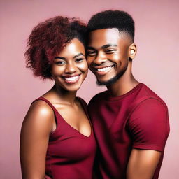 A beautiful black woman wearing a dark red short dress is hugging a young man with a modern short haircut