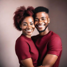 A beautiful black woman wearing a dark red short dress is hugging a young man with a modern short haircut