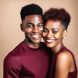 A beautiful black woman wearing a dark red short dress is hugging a young man with a modern short haircut