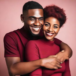 A beautiful black woman wearing a dark red short dress is hugging a young man with a modern short haircut