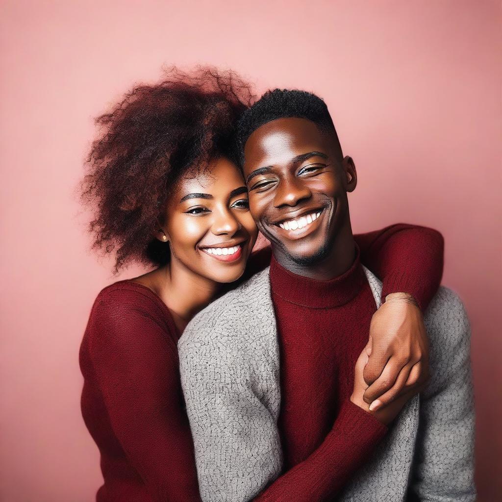 A beautiful black woman with very long hair, wearing a dark red short dress, is hugging a young man with a modern short haircut