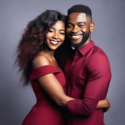 A beautiful black woman with very long hair, wearing a dark red short dress, is hugging a young man with a modern short haircut