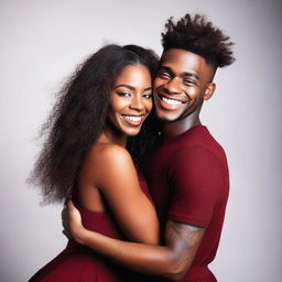 A beautiful black woman with very long hair, wearing a dark red short dress, is hugging a young man with a modern short haircut