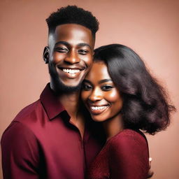 A beautiful black woman with very long hair, wearing a dark red short dress, is hugging a young man with a modern short haircut