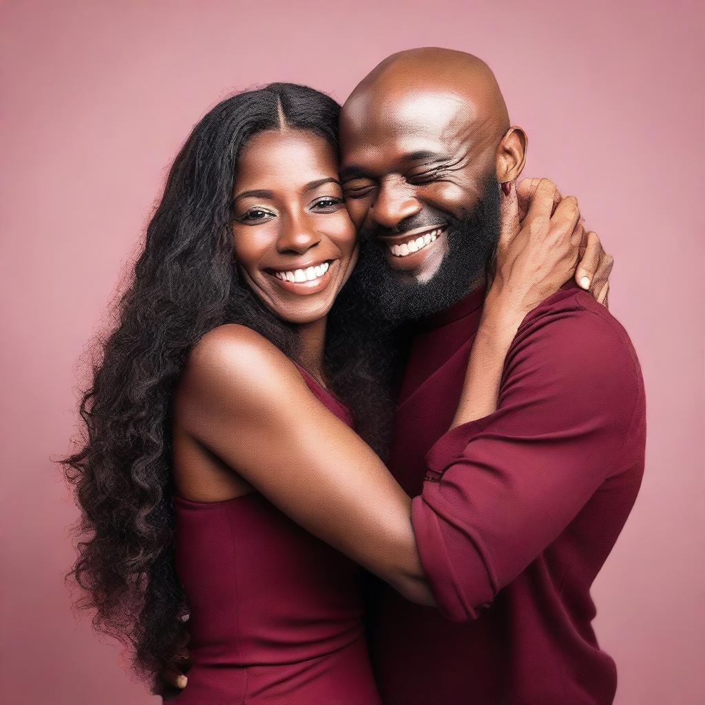 A beautiful black woman with very long hair, wearing a dark red short dress, is hugging a young bald man