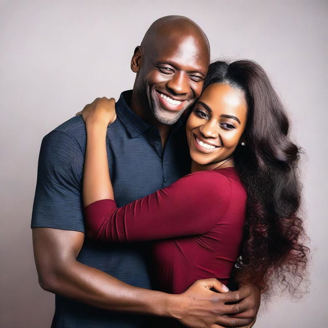 A beautiful black woman with very long hair, wearing a dark red short dress, is hugging a young bald man