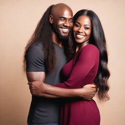 A beautiful black woman with very long hair, wearing a dark red short dress, is hugging a young bald man