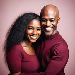 A beautiful black woman with very long hair, wearing a dark red short dress, is hugging a young bald man