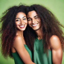 A beautiful black woman with very long curly hair, wearing a dark red short dress, is hugging a young man with green eyes