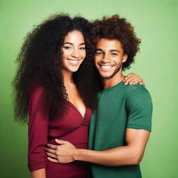 A beautiful black woman with very long curly hair, wearing a dark red short dress, is hugging a young man with green eyes