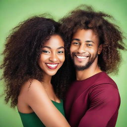 A beautiful black woman with very long curly hair, wearing a dark red short dress, is hugging a young man with green eyes