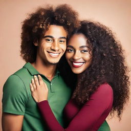 A beautiful black woman with very long curly hair, wearing a dark red short dress, is hugging a young man with green eyes