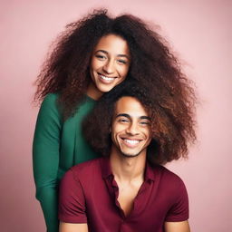 A beautiful black woman with very long curly hair, wearing a dark red short dress, is hugging a young man with green eyes and short hair