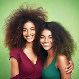 A beautiful black woman with very long curly hair, wearing a dark red short dress, is hugging a young man with green eyes and short hair