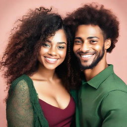 A beautiful black woman with very long curly hair, wearing a dark red short dress, is hugging a young man with green eyes and short hair