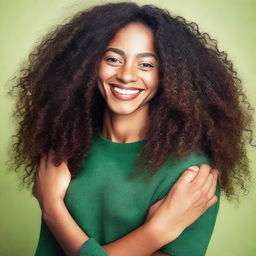 A beautiful black woman with very long curly hair, wearing a dark red short dress, is hugging a young man with green eyes and short hair