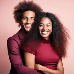 A beautiful black woman with very long curly hair, wearing a dark red short dress, is hugging a young man with short hair