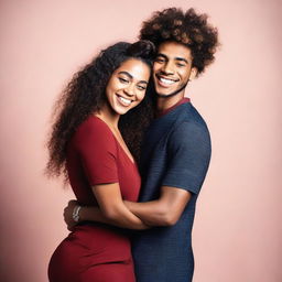 A beautiful black woman with very long curly hair, wearing a dark red short dress, is hugging a young man with short hair