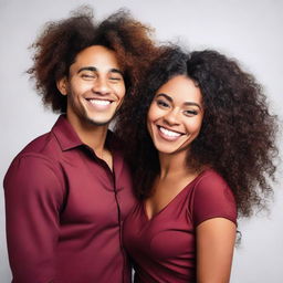 A beautiful black woman with very long curly hair, wearing a dark red short dress, is hugging a young man with short hair