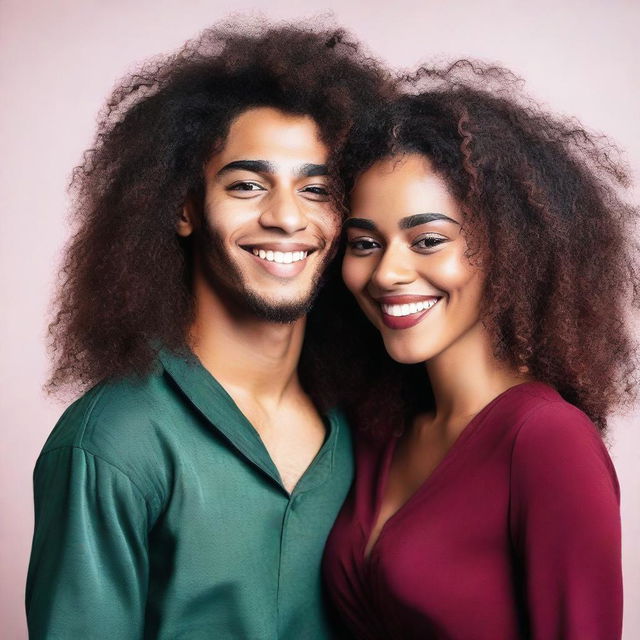 A beautiful black woman with very long curly hair, wearing a dark red short dress, is hugging a young man with short hair