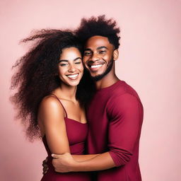 A beautiful black woman with very long curly hair, wearing a dark red short dress, is hugging a young man with short hair