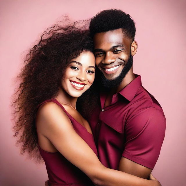 A beautiful black woman with very long curly hair, wearing a dark red short dress, is hugging a young man with short hair