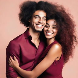 A beautiful black woman with very long curly hair, wearing a dark red short dress, is hugging a young man with short hair