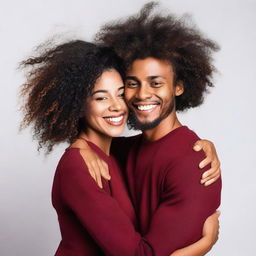 A beautiful black woman with very long curly hair, wearing a dark red short dress, is hugging a young man with short hair