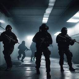 A dynamic and intense scene featuring SCP Mobile Task Forces in action