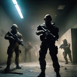 A high-stakes scene featuring SCP Mobile Task Forces Epsilon-11, also known as Nine-Tailed Fox, in action