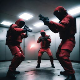 A dramatic and intense scene featuring SCP Mobile Task Force Alpha-1, also known as Red Right Hand, in proper combat