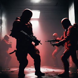 A dramatic and intense scene featuring SCP Mobile Task Force Alpha-1, also known as Red Right Hand, in proper combat