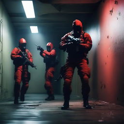 A dramatic and intense scene featuring SCP Mobile Task Force Alpha-1, also known as Red Right Hand, in proper combat