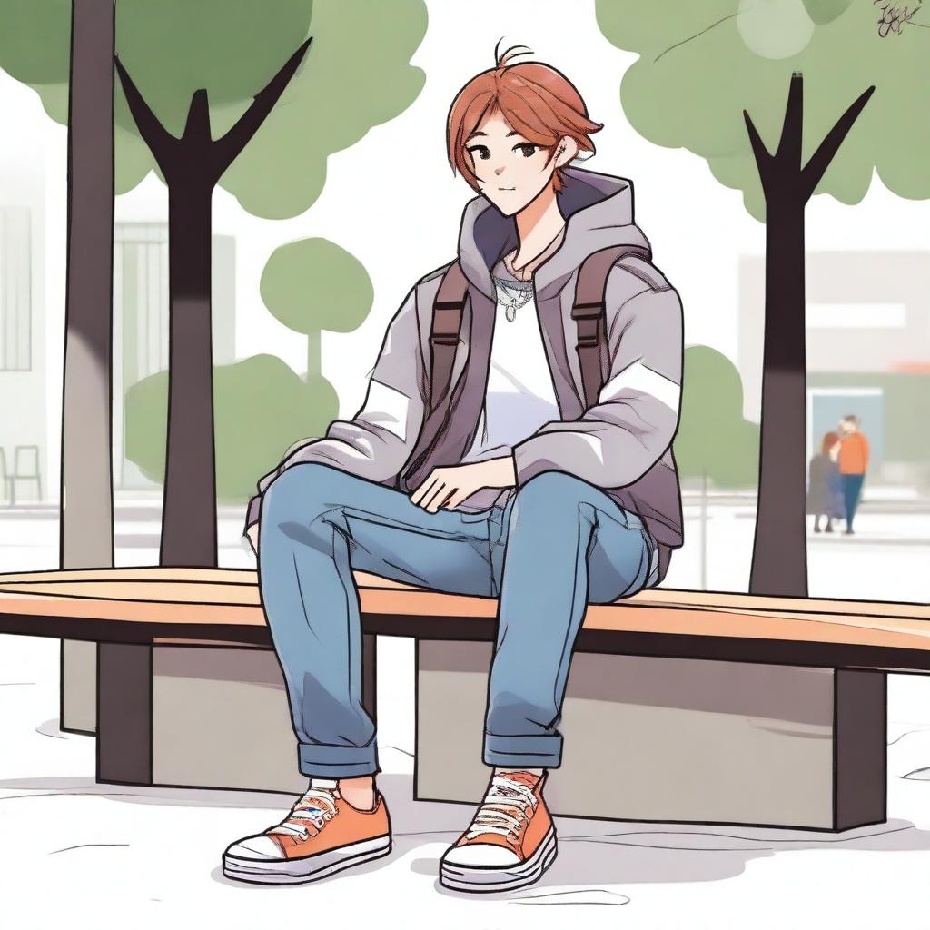 A casual and relaxed scene featuring the character Exi in everyday attire