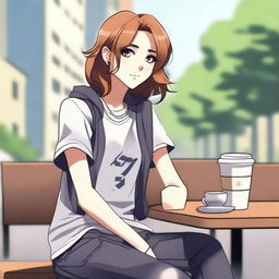 A casual and relaxed scene featuring the character Exi in everyday attire