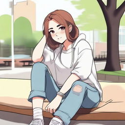 A casual and relaxed scene featuring the character Exi in everyday attire