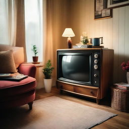 A vibrant and nostalgic scene featuring an old-fashioned television set in a cozy living room