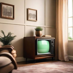 A vibrant and nostalgic scene featuring an old-fashioned television set in a cozy living room