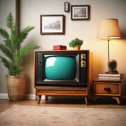 A vibrant and nostalgic scene featuring an old-fashioned television set in a cozy living room