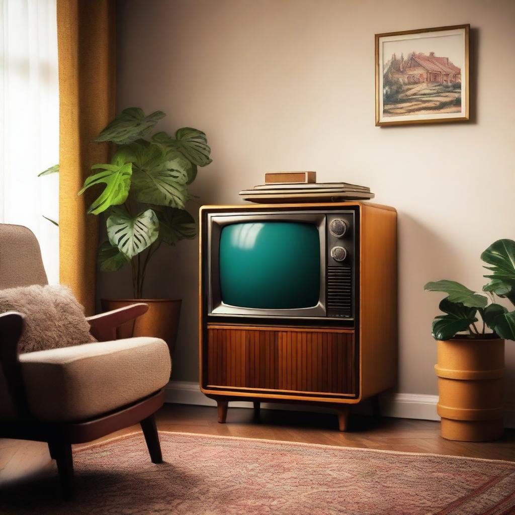 A vibrant and nostalgic scene featuring an old-fashioned television set in a cozy living room