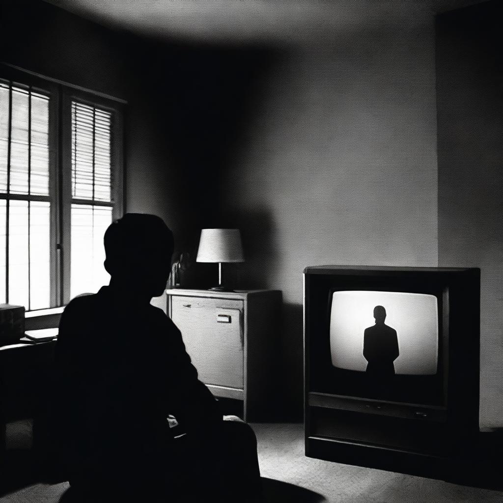 A mysterious and intriguing scene featuring O5-10, a member of the SCP Foundation's O5 Council, watching an old-fashioned television set