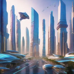 A futuristic and grandiose cityscape in the year 2083