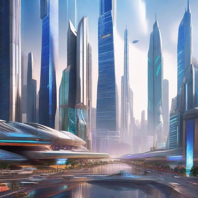 A futuristic and grandiose cityscape in the year 2083