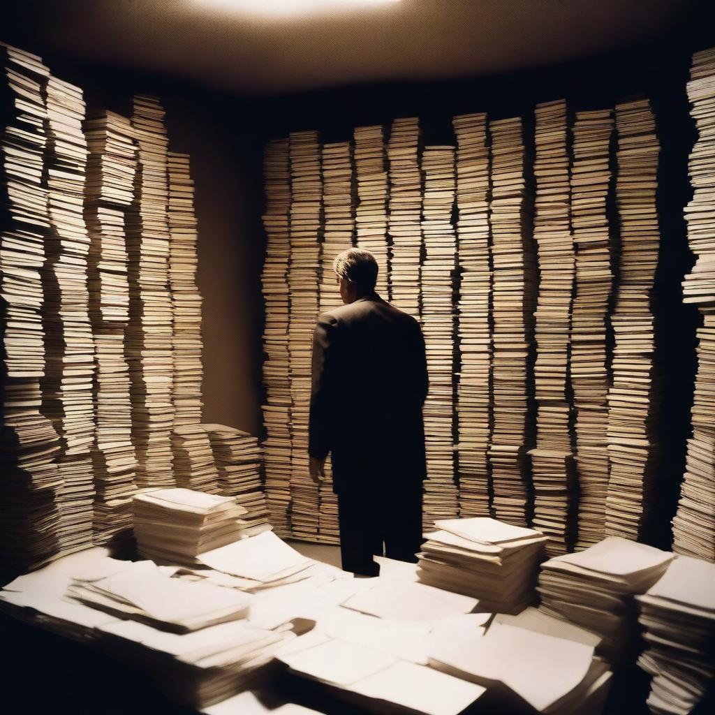 A secretive and intense scene featuring a dimly lit room filled with stacks of classified CIA files