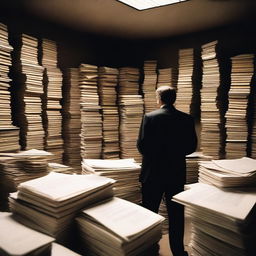 A secretive and intense scene featuring a dimly lit room filled with stacks of classified CIA files