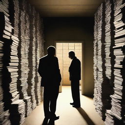 A secretive and intense scene featuring a dimly lit room filled with stacks of classified CIA files