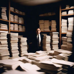 A secretive and intense scene featuring a dimly lit room filled with stacks of classified CIA files