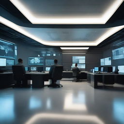 A high-tech and sleek office of an elite intelligence agency